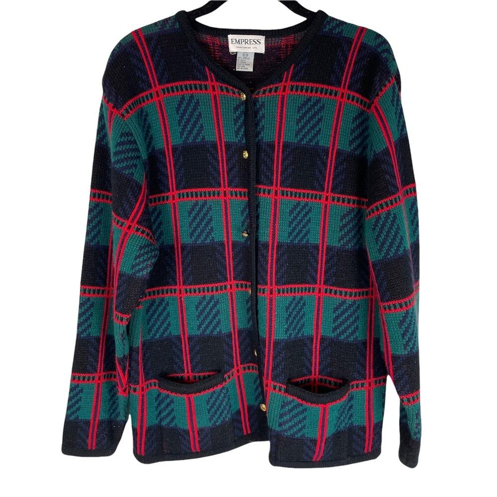 Vintage tartan plaid button front cardigan sweater gold buttons